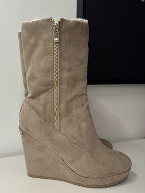 Juicy Couture Suede Wedge Boot - Taupe Fur-Lined Side Zip